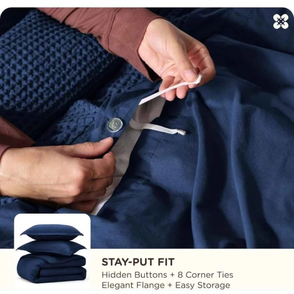Bedsure Cotton Duvet Cover Set - 100% Cotton Waffle Weave Navy Duvet Cover King